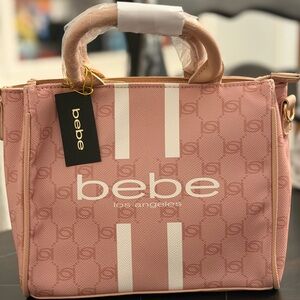 bebe Pink Logo Tote with White Stripe Accents